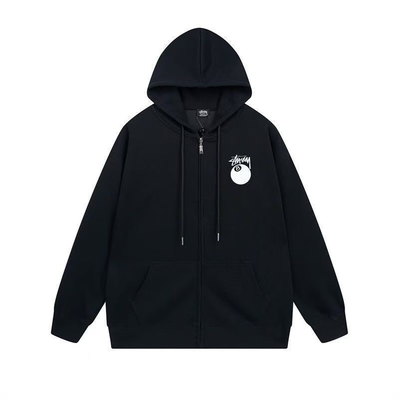 STUSSY 8-Ball Series Zip Hoodie | Fun Back Graphic with Black 8 Ball Print | Unisex Full-Zip Hooded Sweatshirt