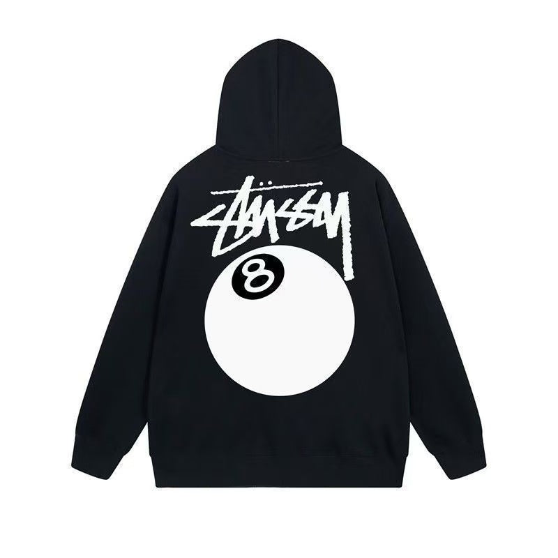 STUSSY 8-Ball Series Zip Hoodie | Fun Back Graphic with Black 8 Ball Print | Unisex Full-Zip Hooded Sweatshirt