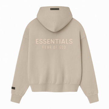 เสื้อฮู้ดดี้ซิปขนแกะคลาสสิก Essentials จาก Fear of God – โลโก้โลหะ “Timber”